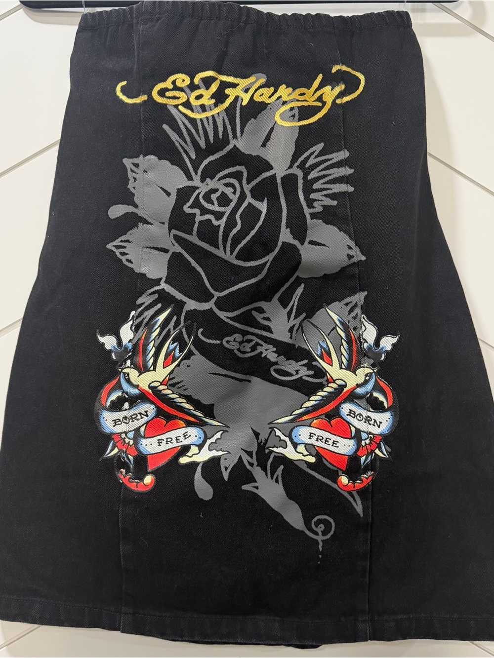 NWT $90 Ed Hardy Y2K Black Denim Strapless Tube Mini Dress Born Free Tattoo L